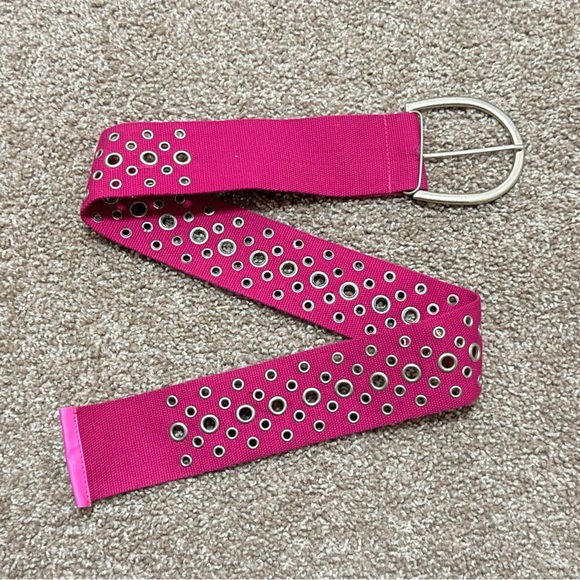 Hot Pink Grommet Belt Y2K Wide Canvas Silver D Ring Statement Punk Scene Goth - Picture 3 of 9